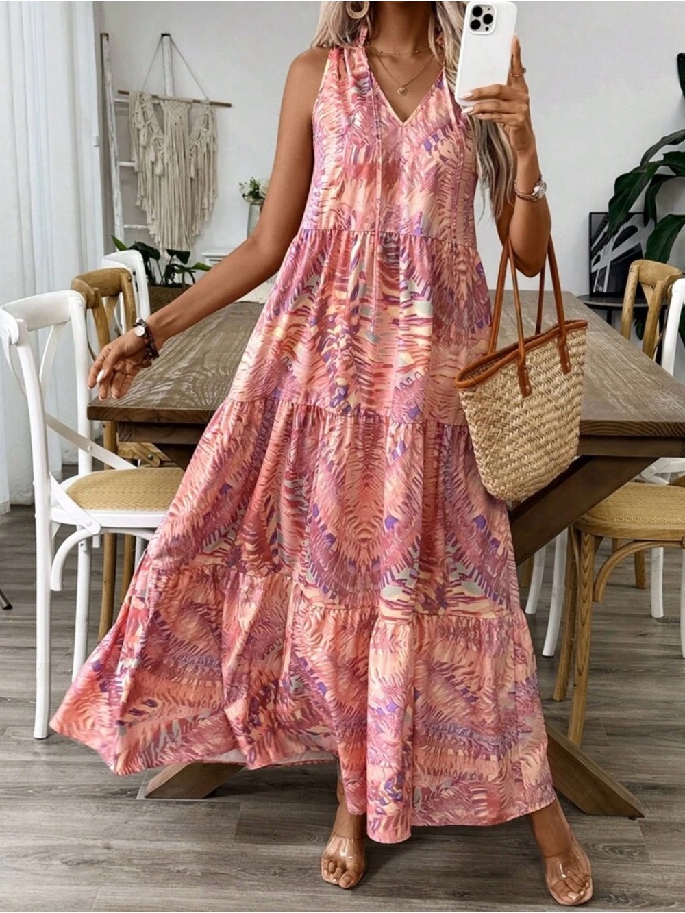 Summer V-Neck Tiered Maxi Dress - Pink Multi